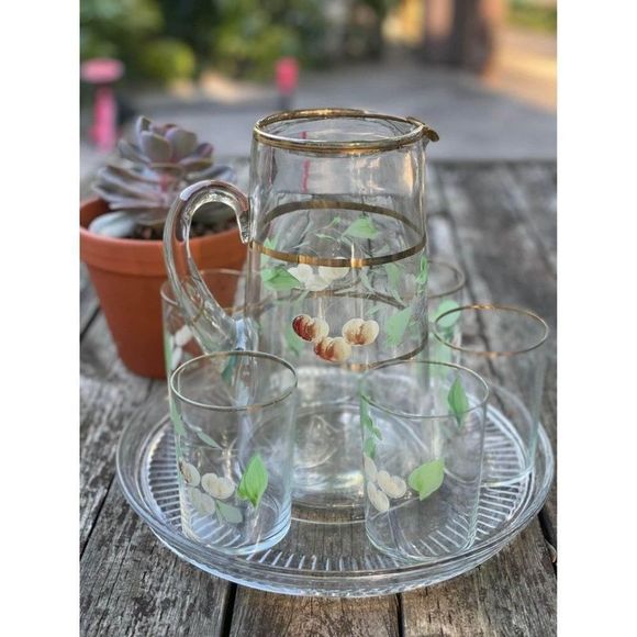 Vintage Handblown Glass Serving Set Jug & 6 Glass Hand Painted with Tray Gold Ri - Picture 2 of 10